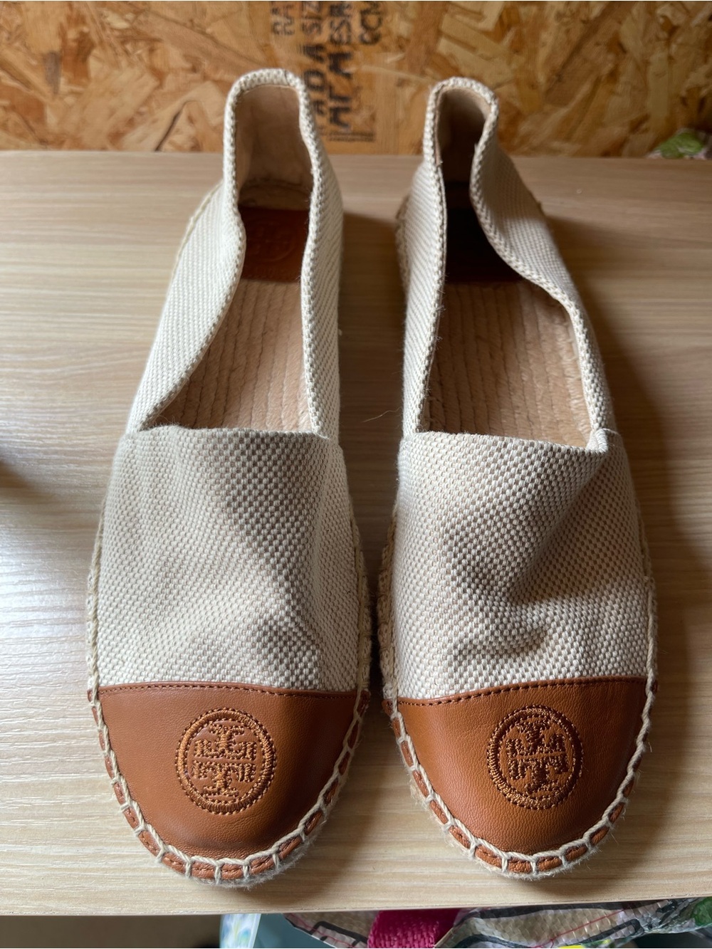 Tory Burch Ivory Canvas Espadrilles with Brown Leather Toe